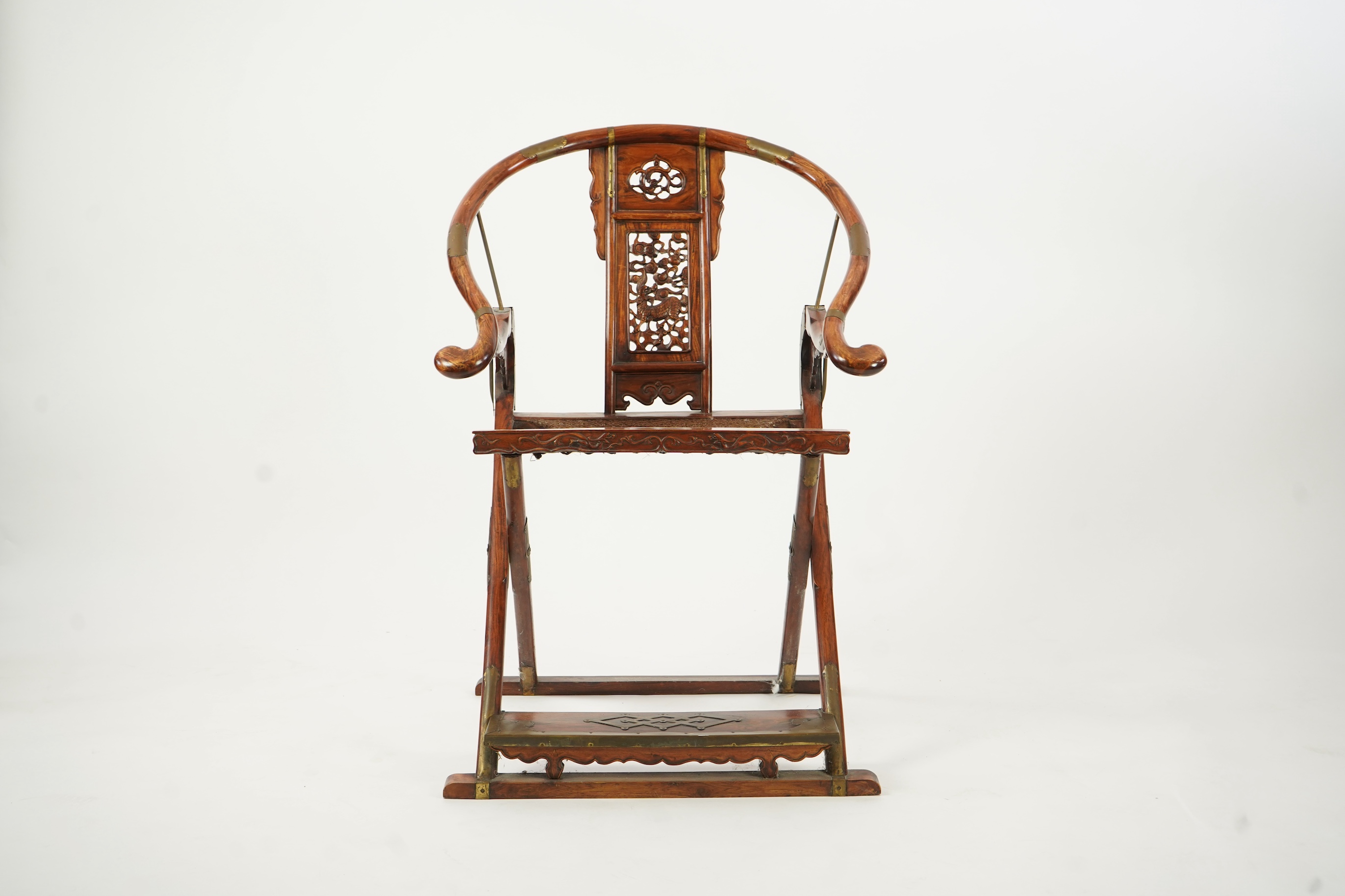 A Chinese huanghuali, hongmu and brass mounted folding hunting chair, jiaoyi, early 20th century